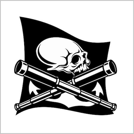dclipart (artist) - Pirates emblem - telescopes and skull. Black flag for entertainment party decor. Isolated on white Fotografie stock - Microstock e Abbonamento, Codice: 400-08964809