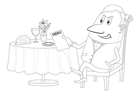 Respectable Young Man Sitting Behind Restaurant Table and Reading Menu, Funny Cartoon Character, Black Contour on White Background. Vector Photographie de stock - Aubaine LD & Abonnement, Code: 400-08964821