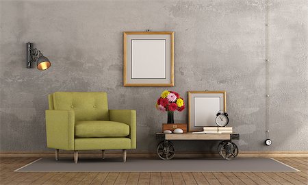 simsearch:400-06700985,k - Retro living room with green armchair and coffee table in industrial style - 3d rendering Stock Photo - Budget Royalty-Free & Subscription, Code: 400-08964833