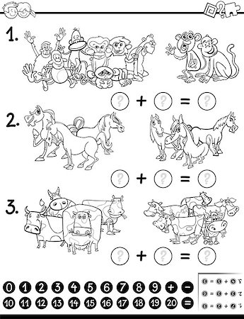 simsearch:400-08965109,k - Black and White Cartoon Illustration of Educational Mathematical Game for Children with Animal Characters Coloring Page Stock Photo - Budget Royalty-Free & Subscription, Code: 400-08965099