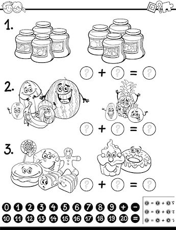 simsearch:400-08965106,k - Black and White Cartoon Illustration of Educational Mathematical Activity for Children with Food Objects Coloring Page Stock Photo - Budget Royalty-Free & Subscription, Code: 400-08965104