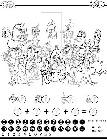 simsearch:400-08965109,k - Black and White Cartoon Illustration of Educational Mathematical Activity Game for Children with Fantasy  Characters Coloring Page Stock Photo - Budget Royalty-Free & Subscription, Code: 400-08965105