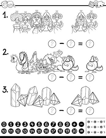simsearch:400-08965106,k - Black and White Cartoon Illustration of Educational Mathematical Activity Game for Children with Funny Characters and Objects Coloring Page Stock Photo - Budget Royalty-Free & Subscription, Code: 400-08965106