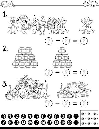 simsearch:400-08965109,k - Black and White Cartoon Illustration of Educational Mathematical Activity for Kids with Characters and Objects Coloring Page Stock Photo - Budget Royalty-Free & Subscription, Code: 400-08965108