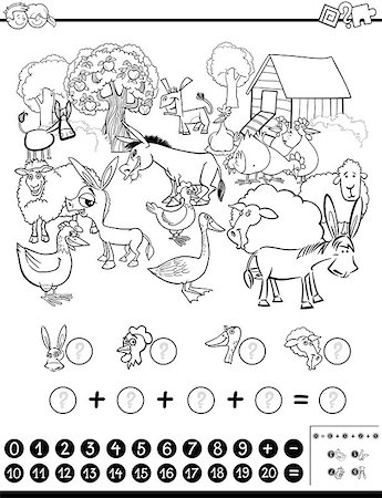 Black and White Cartoon Illustration of Educational Mathematical Activity Game for Children with Farm Animal Characters Coloring Page Photographie de stock - Aubaine LD & Abonnement, Code: 400-08965102