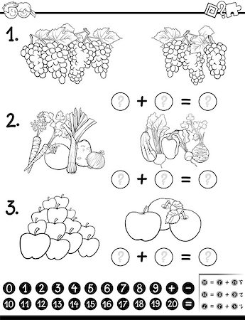 simsearch:400-08965106,k - Black and White Cartoon Illustration of Educational Mathematical Activity Game for Children with Fruits and Vegetables Coloring Page Stock Photo - Budget Royalty-Free & Subscription, Code: 400-08965103