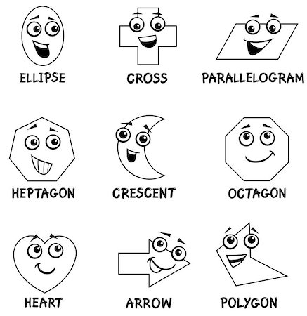 school black and white cartoons - Black and White Cartoon Illustration of Basic Geometric Shapes Funny Characters for Kids Coloring Book Stock Photo - Budget Royalty-Free & Subscription, Code: 400-08965114