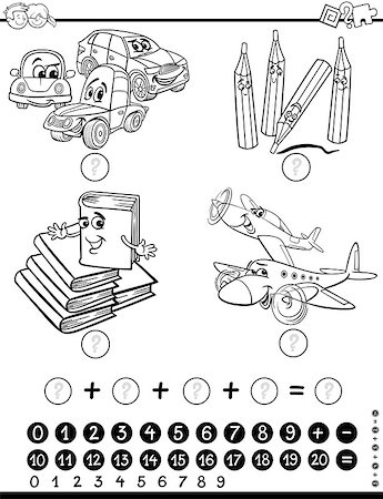 simsearch:400-08965106,k - Black and White Cartoon Illustration of Educational Mathematical Activity Game for Children with Object and Vehicle Characters Coloring Page Stock Photo - Budget Royalty-Free & Subscription, Code: 400-08965110