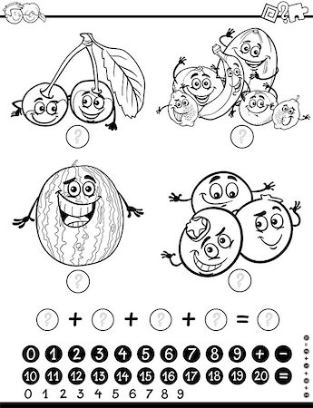 Black and White Cartoon Illustration of Educational Mathematical Activity Game for Children with Fruits Food Object Characters Coloring Page Stock Photo - Budget Royalty-Free & Subscription, Code: 400-08965111