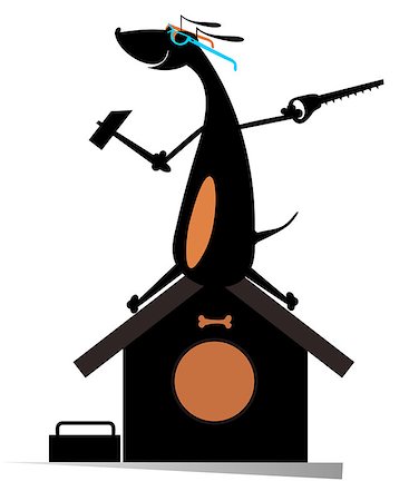 silhouette as carpenter - Comic dog holds a hammer and hacksaw and renovates doghouse Stock Photo - Budget Royalty-Free & Subscription, Code: 400-08965173