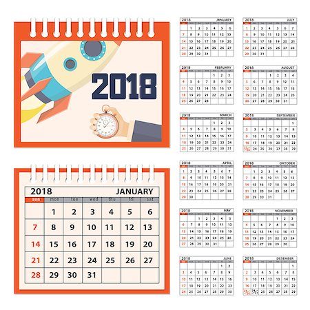 sunday market - Business calendar for desk on 2018 year. Set of the 12-month isolated pages with image on the cover. Week starts on Sunday. eps 10 Stock Photo - Budget Royalty-Free & Subscription, Code: 400-08965325