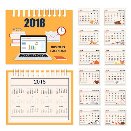 sunday market - Business english calendar for desk on 2018 year. Set of the 12-month isolated pages with image on the cover. Week starts on Sunday. eps 10 Stock Photo - Budget Royalty-Free & Subscription, Code: 400-08965326