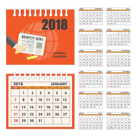 sunday market - Business english calendar for desk on 2018 year. Set of the 12-month isolated pages with image on the cover. Week starts on Sunday. eps 10 Stock Photo - Budget Royalty-Free & Subscription, Code: 400-08965328