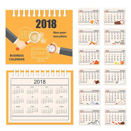 sunday market - Business english calendar for desk on 2018 year. Set of the 12-month isolated pages with image on the cover. Week starts on Sunday. eps 10 Stock Photo - Budget Royalty-Free & Subscription, Code: 400-08965329
