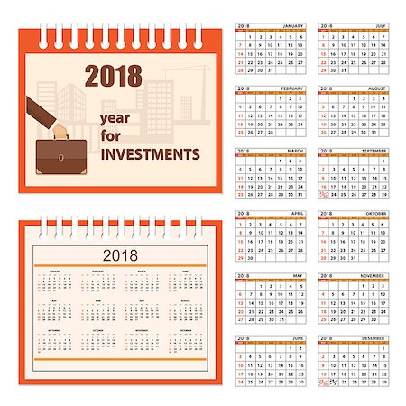 sunday market - Business english calendar for desk on 2018 year. Set of the 12-month isolated pages with image on the cover. Week starts on Sunday. eps 10 Stock Photo - Budget Royalty-Free & Subscription, Code: 400-08965322