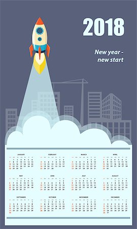 sunday market - Business english calendar for wall on 2018 year on the blue construction background with the rocket.  Week starts on Sunday. eps 10 Stock Photo - Budget Royalty-Free & Subscription, Code: 400-08965323