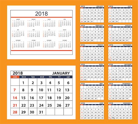 sunday market - Business english calendar for wall on 2018 year.  Week starts on Sunday. eps 10 Stock Photo - Budget Royalty-Free & Subscription, Code: 400-08965331