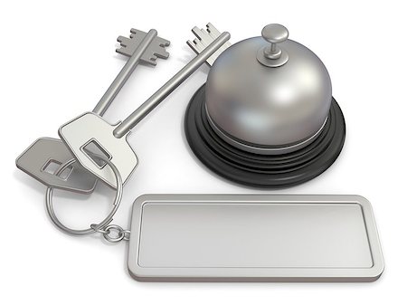 simsearch:400-09068492,k - Hotel key with rectangular blank label on ring and reception bell. 3D render illustration isolated on white background Foto de stock - Royalty-Free Super Valor e Assinatura, Número: 400-08965564