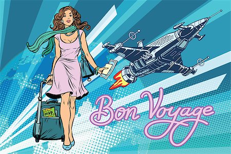 Bon voyage space travel, space tourism. Pretty girl passenger with Luggage. Pop art retro vector illustration Stock Photo - Budget Royalty-Free & Subscription, Code: 400-08965595