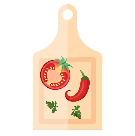 Wooden board for cutting vegetables with peppers and tomato icon, flat style. Isolated on white background. Vector illustration Stock Photo - Budget Royalty-Free & Subscription, Code: 400-08965751