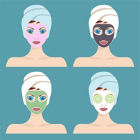 Set of 4 women with cosmetic face masks. Graphic design element for spa or beauty salon poster. Also available as a Vector in Adobe illustrator EPS 10 format. Stock Photo - Budget Royalty-Free & Subscription, Code: 400-08965761