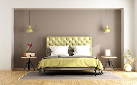 simsearch:400-07796866,k - Brown and green master bedroom with double bed and nightstand - 3d rendering Stock Photo - Budget Royalty-Free & Subscription, Code: 400-08966018