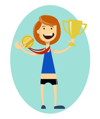 Woman runner wins. Sport girl holding gold medal in the hand. Sporting Achievement. Vector illustration on blue background in ellipse Stock Photo - Budget Royalty-Free & Subscription, Code: 400-08966117