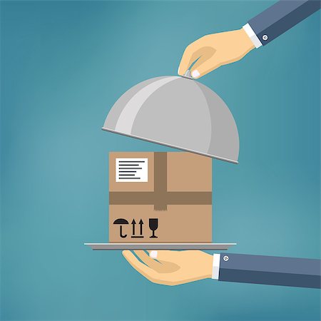 Delivery concept. Hand holding package on the cloche. Flat style. Also available as a Vector in Adobe illustrator EPS 10 format. Stock Photo - Budget Royalty-Free & Subscription, Code: 400-08966398