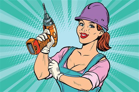 Woman professional. Construction worker with the repair tool drill. Comic book cartoon pop art retro colored drawing vintage illustration Stock Photo - Budget Royalty-Free & Subscription, Code: 400-08966418