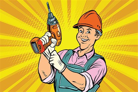 drill and cartoon - Construction worker with the repair tool drill. Comic book cartoon pop art retro colored drawing vintage illustration Stock Photo - Budget Royalty-Free & Subscription, Code: 400-08966412