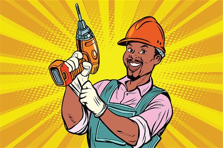 drill and cartoon - Construction worker with the repair tool drill. African American people. Comic book cartoon pop art retro colored drawing vintage illustration Stock Photo - Budget Royalty-Free & Subscription, Code: 400-08966413