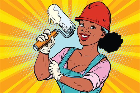 paint house african ethnicity - Woman professional. Construction worker with the repair tool roller for paint. African American people. Comic book cartoon pop art retro colored drawing vintage illustration Stock Photo - Budget Royalty-Free & Subscription, Code: 400-08966430