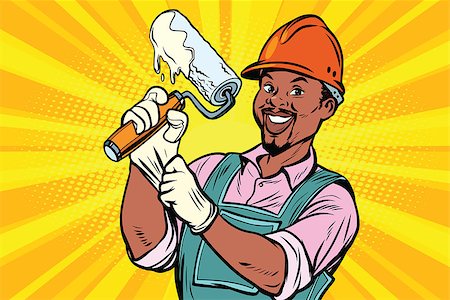 paint house african ethnicity - Construction worker with the repair tool roller for paint. African American people. Comic book cartoon pop art retro colored drawing vintage illustration Stock Photo - Budget Royalty-Free & Subscription, Code: 400-08966445