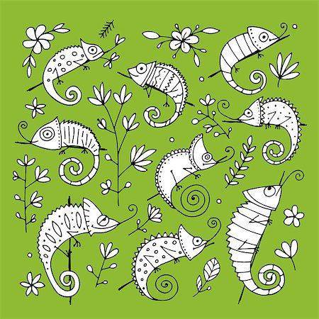 rainforest animal icons - Chameleon collection, sketch for your design. Vector illustration Stock Photo - Budget Royalty-Free & Subscription, Code: 400-08966584