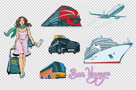 simsearch:400-08653702,k - Tourist transport set on isolated background. passenger woman, tour bus cruise ship train taxi and plane. The inscription Bon voyage. Pop art retro vector illustration Stock Photo - Budget Royalty-Free & Subscription, Code: 400-08966703