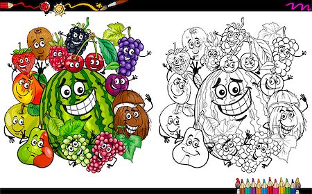 simsearch:400-08679326,k - Cartoon Illustration of Happy Fruit Characters Group Coloring Page Activity Stock Photo - Budget Royalty-Free & Subscription, Code: 400-08966727