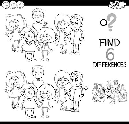 simsearch:400-08916719,k - Black and WhiteCartoon Illustration of Spot the Differences Educational Game for Children with Elementary Age Kid Characters Group Coloring Page Stock Photo - Budget Royalty-Free & Subscription, Code: 400-08966731