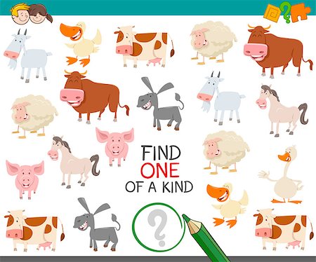 Cartoon Illustration of Find One of a Kind Educational Activity for Children with Animal Farm Characters Foto de stock - Super Valor sin royalties y Suscripción, Código: 400-08966757