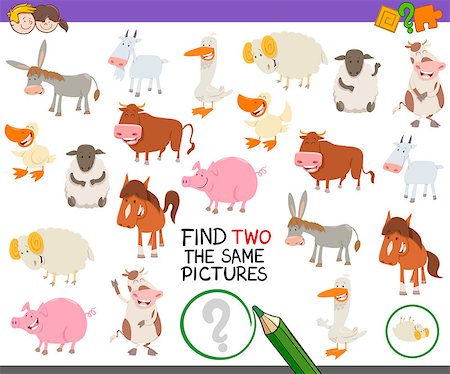 Cartoon Illustration of Finding Two Exactly the Same Pictures Educational Activity for Children with Farm Animal Characters Stock Photo - Budget Royalty-Free & Subscription, Code: 400-08966763
