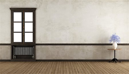 empty old living room - Empty retro room with wooden window and old radiator - 3d rendering Foto de stock - Super Valor sin royalties y Suscripción, Código: 400-08966919