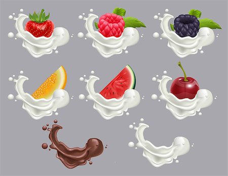Set dessert of ripe berry fruit and cream. Strawberry, raspberry, cherry, watermelon, melon milk and chocolate. Vector realistic illustration Stock Photo - Budget Royalty-Free & Subscription, Code: 400-08967124