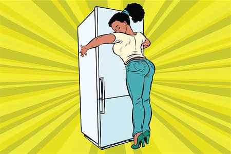 diet and food. Beautiful woman hugging home refrigerator. African American people. Comic cartoon style pop art retro vector color drawing illustration Photographie de stock - Aubaine LD & Abonnement, Code: 400-08967149