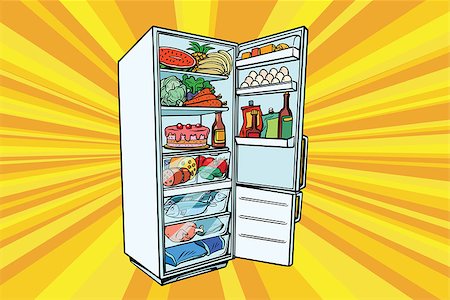 Home refrigerator filled with food. Fruits and vegetables, meat and fish. Comic cartoon style pop art retro vector color drawing illustration Stock Photo - Budget Royalty-Free & Subscription, Code: 400-08967151