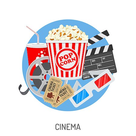 simsearch:400-07331251,k - Cinema and Movie time concept with flat icons film reel, popcorn, paper cup, 3d glasses, clapperboard, cinema tickets. Isolated vector illustration Stock Photo - Budget Royalty-Free & Subscription, Code: 400-08967171