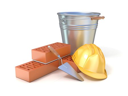 Fragment of red brick wall, trowel, metal bucket and safety helmet, isolated on white background. Concept of construction industry Photographie de stock - Aubaine LD & Abonnement, Code: 400-08967317