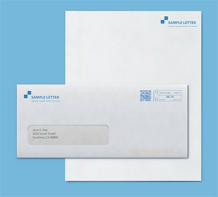 simsearch:400-05905833,k - Vector illustration of closed white envelope for letters and documents with transparent window and corporate letterhead blank paper isolated on blue background. Mockup post envelope and letter paper template Foto de stock - Super Valor sin royalties y Suscripción, Código: 400-08967467