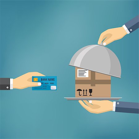 Hand with credit card and hands with parcel on the cloche. Also available as a Vector in Adobe illustrator EPS 10 format. Stock Photo - Budget Royalty-Free & Subscription, Code: 400-08967684