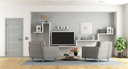 elegant tv room - Modern living room with tv and home cinema system - 3d rendering Foto de stock - Super Valor sin royalties y Suscripción, Código: 400-08967691