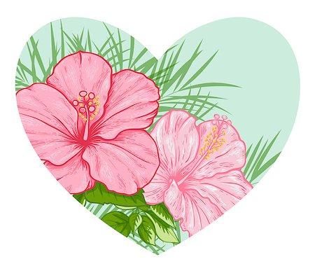 simsearch:400-09048464,k - Green vector heart of tropical palm leaves and pink flowers on a white background Stockbilder - Microstock & Abonnement, Bildnummer: 400-08967720
