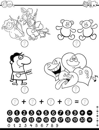 simsearch:400-08965106,k - Black and White Cartoon Illustration of Educational Mathematical Activity Game for Children with Valentines Day Characters Coloring Page Stock Photo - Budget Royalty-Free & Subscription, Code: 400-08967786